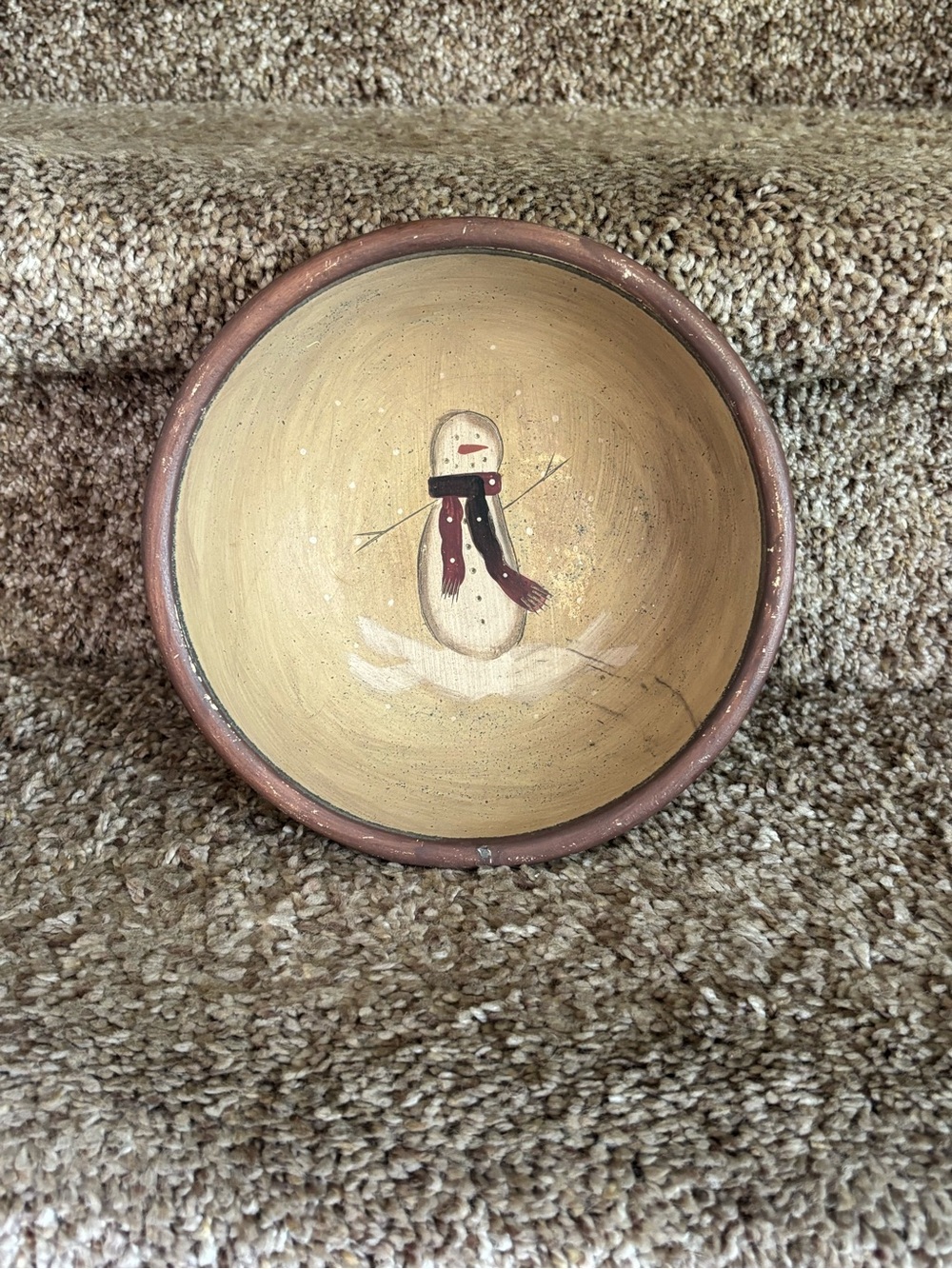 Hand-Painted Snowman Decorative Bowl - Rustic Tan and Burgundy